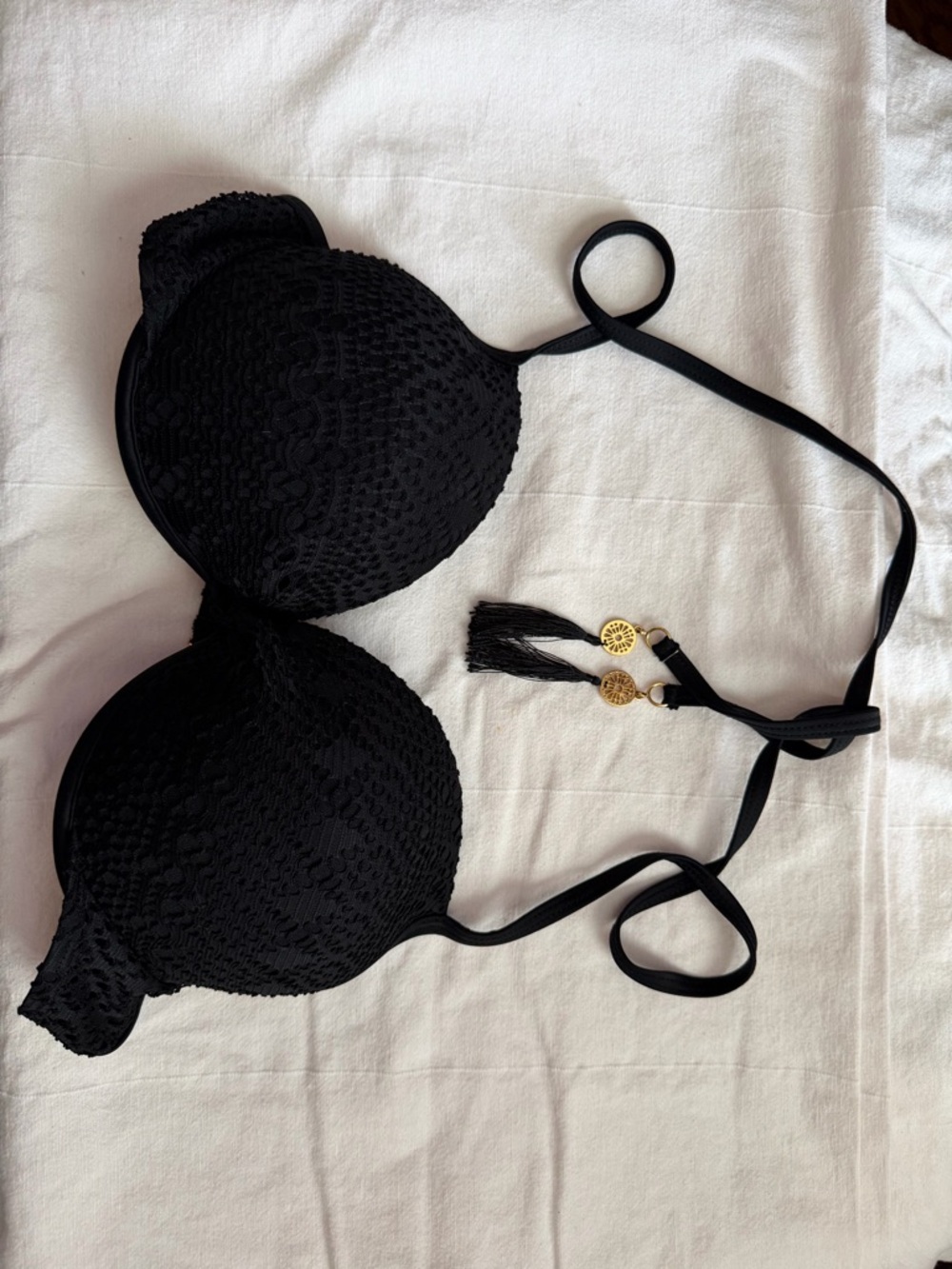 BONGO Black Lace Push-Up Bra with Gold Tassel Charms